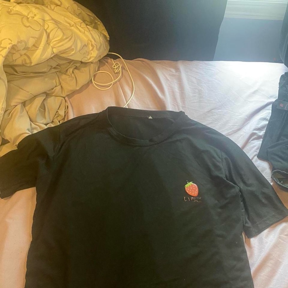 YesStyle Black Tee with Strawberry Embroidery